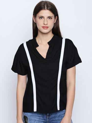 mandarin neck contrast stripe top - 15616952 - Very Small Image - 1