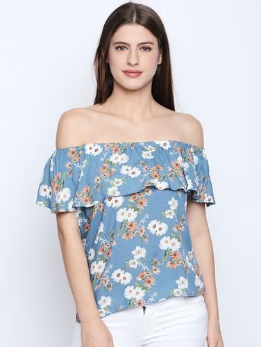 ruffle detail floral off shoulder top - 15616957 - Very Small Image - 1