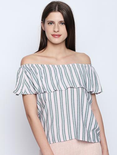 ruffle detail striped off shoulder top - 15616958 - Very Small Image - 1