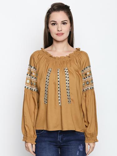smocked neck embroidered detail top - 15616960 - Very Small Image - 1