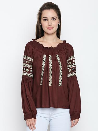 smocked neck embroidered detail top - 15616961 - Very Small Image - 1