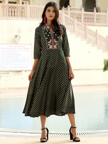 yoke embroidered foil printed anarkali dress - 15619646 - Very Small Image - 1