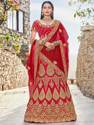 Gold zari embroidered a-line lehenga - 15620229 - Standard Image - 1