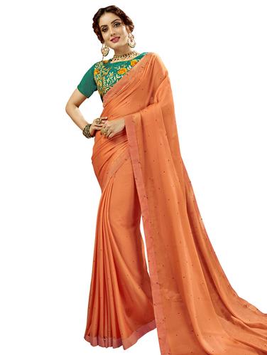 Golden orange embellished saree with blouse - 15620312 - Very Small Image - 1