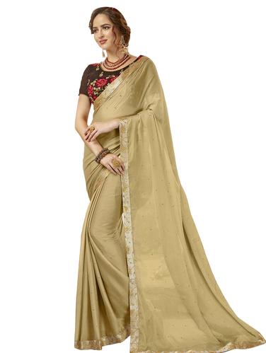 Golden beige Embellished saree with blouse - 15620315 - Very Small Image - 1