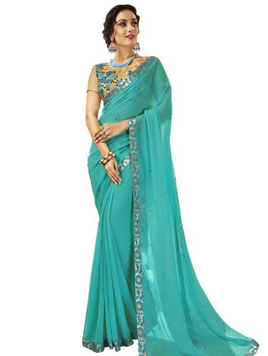 Sea blue Embellished saree with blouse - 15620316 - Very Small Image - 1