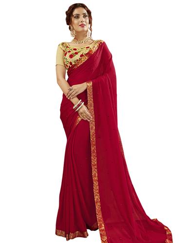 Cherry red Embellished saree with blouse - 15620317 - Very Small Image - 1