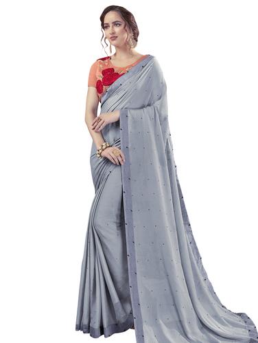 Cloud grey Embellished saree with blouse - 15620318 - Very Small Image - 1