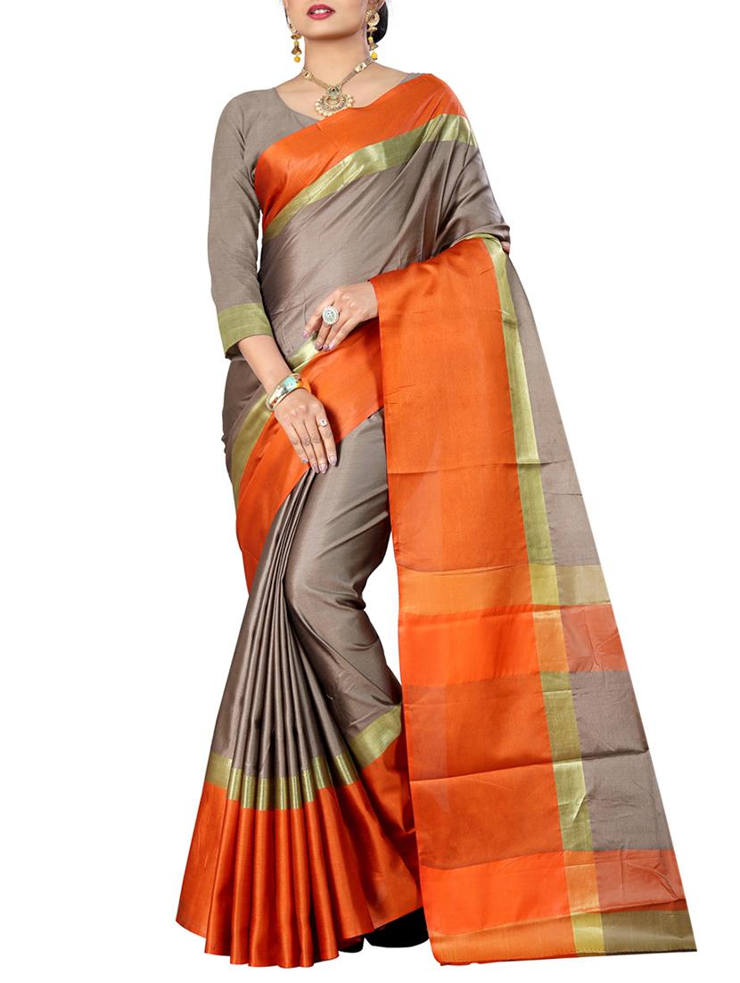 contrast zari border tussar saree with blouse - 15620441 - Zoom Image - 1