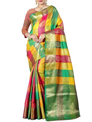 checkered zari motif banarasi saree with blouse - 15620442 - Standard Image - 1