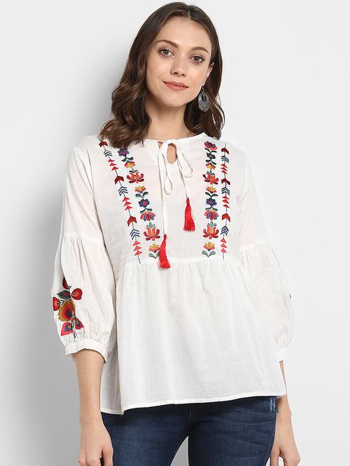 tie-up neck embroidered top - 15620480 - Very Small Image - 1