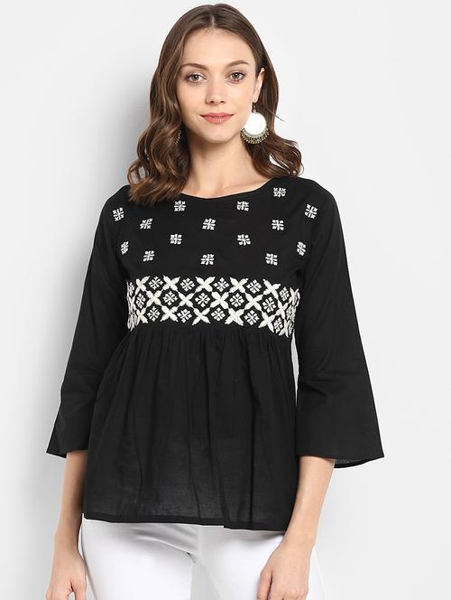 contrast embroidered gathered top - 15620484 - Standard Image - 1