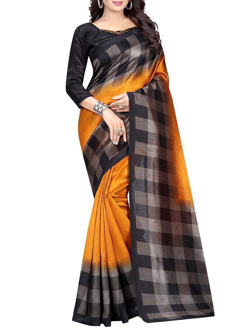 checkered printed border saree with blouse - 15620824 - Zoom Image - 1