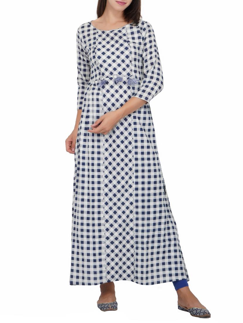 Checkered a-line kurta with tassels - 15620848 - Zoom Image - 1