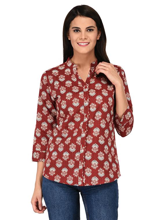 mandarin neck curved hem shirt - 15621197 - Zoom Image - 1