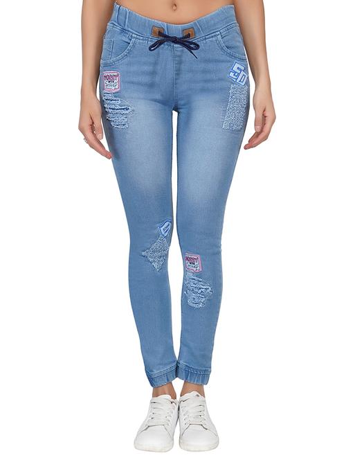 drawstring waist graphic patch distress jeans - 15621465 - Standard Image - 1
