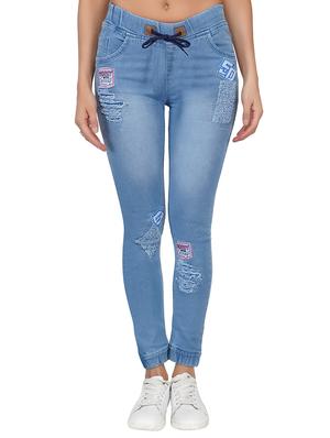 drawstring waist graphic patch distress jeans - 15621465 - Standard Image - 1