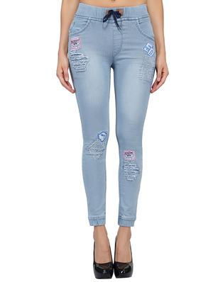 drawstring waist graphic patch distress jeans - 15621485 - Standard Image - 1