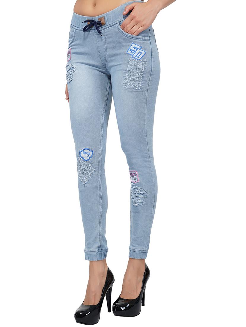drawstring waist graphic patch distress jeans - 15621485 - Zoom Image - 2