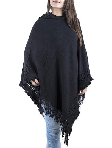 hooded neck fringed edge poncho - 15621626 - Very Small Image - 1