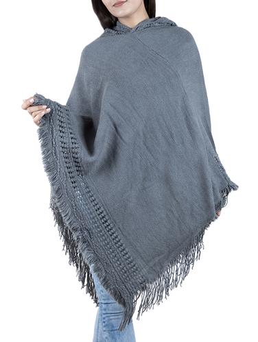 hooded neck fringed edge poncho - 15621628 - Very Small Image - 1