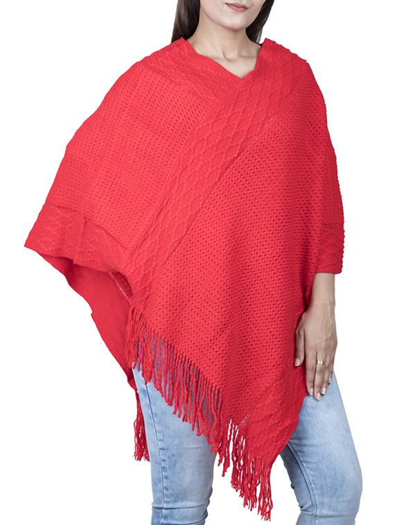 v neck fringed hem solid poncho - 15621655 - Zoom Image - 1