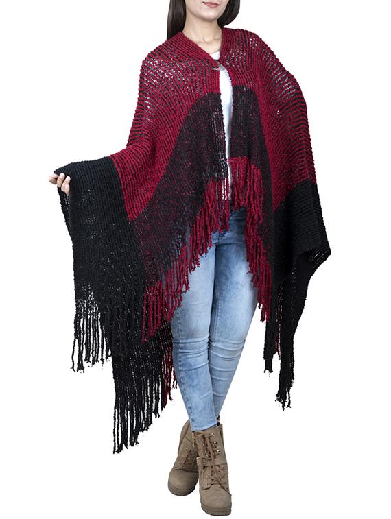 color block fringe detail poncho