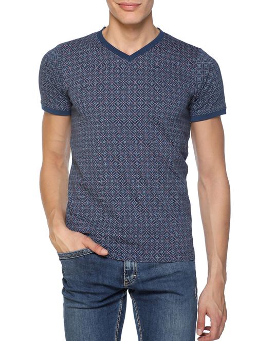 blue cotton blend all over print t-shirt - 15621802 - Standard Image - 1