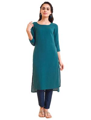 Teal high low straight kurta - 15621835 - Standard Image - 1