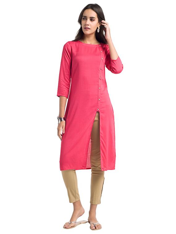 Fuchsia high slit solid kurta - 15621848 - Zoom Image - 1