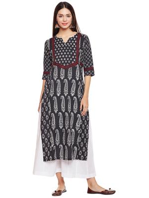 black cotton straight kurta - 15622376 - Standard Image - 1