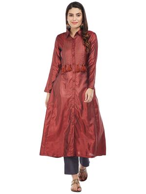 Burgundy art silk a-line kurta with tassels - 15622382 - Standard Image - 1
