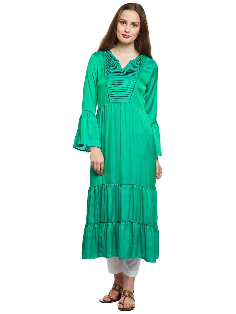 Tiered art silk bell sleeves kurta - 15622385 - Zoom Image - 1