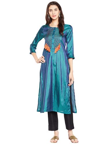 Metalic blue art silk a-line kurta - 15622387 - Very Small Image - 1