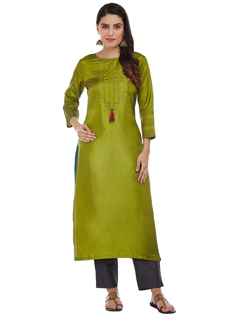 Mehandi art silk straight kurta - 15622391 - Zoom Image - 1