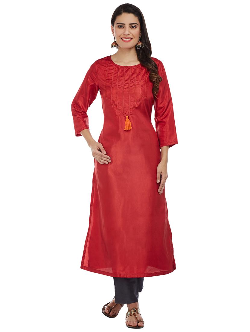 Rose red art silk straight kurta - 15622392 - Zoom Image - 1