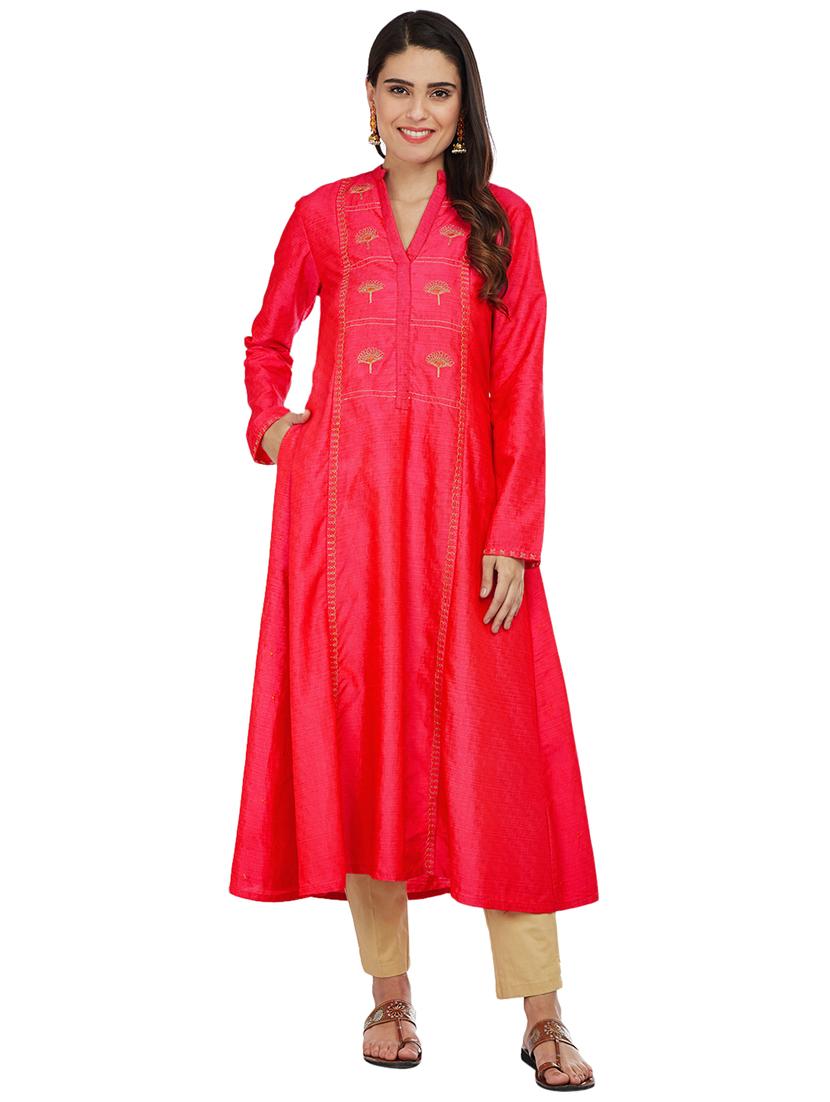 Fuchsia art silk a-line kurta - 15622394 - Zoom Image - 1