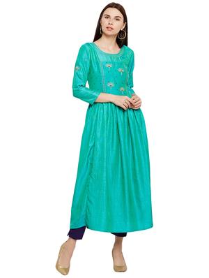 Turquoise art silk a-line kurta - 15622395 - Standard Image - 1