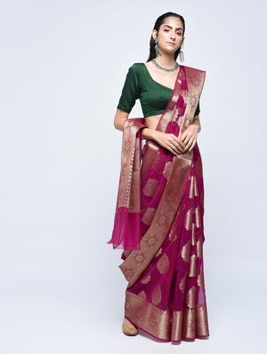 floral zari motif banarasi saree with blouse - 15622851 - Standard Image - 1