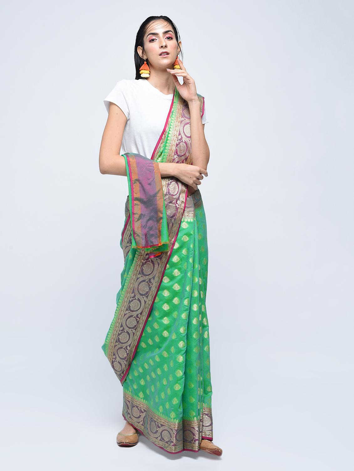 floral zari border banarasi saree with blouse - 15622866 - Zoom Image - 1