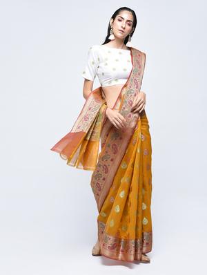 paisley zari border banarasi saree with blouse - 15622869 - Standard Image - 1