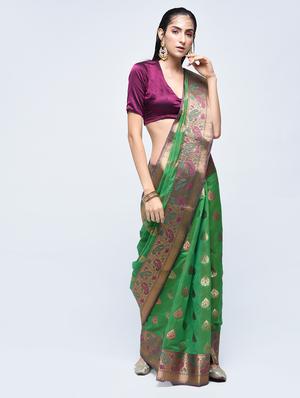 paisley zari border banarasi saree with blouse - 15622870 - Standard Image - 1
