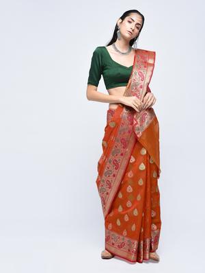 paisley zari border banarasi saree with blouse - 15622871 - Standard Image - 1