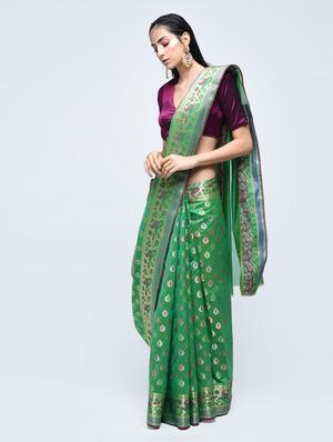 paisley zari border banarasi saree with blouse - 15622873 - Standard Image - 1