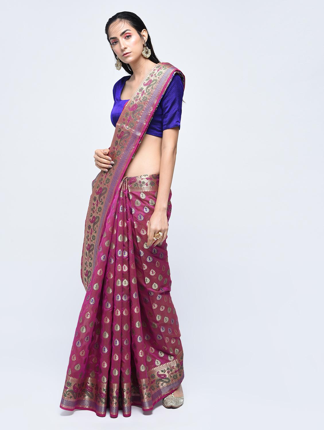 paisley zari border banarasi saree with blouse - 15622874 - Zoom Image - 1