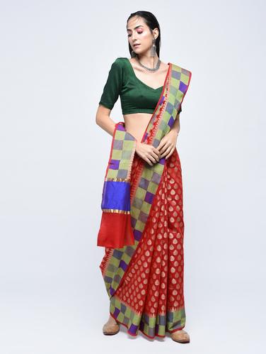 checkered border banarasi saree with blouse - 15622877 - Very Small Image - 1