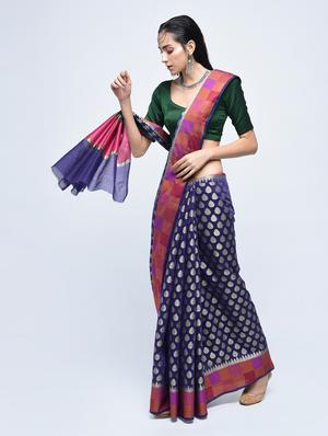 checkered border banarasi saree with blouse - 15622878 - Standard Image - 1