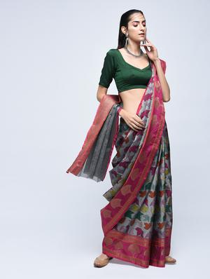 contrast zari border woven saree with blouse - 15622885 - Standard Image - 1