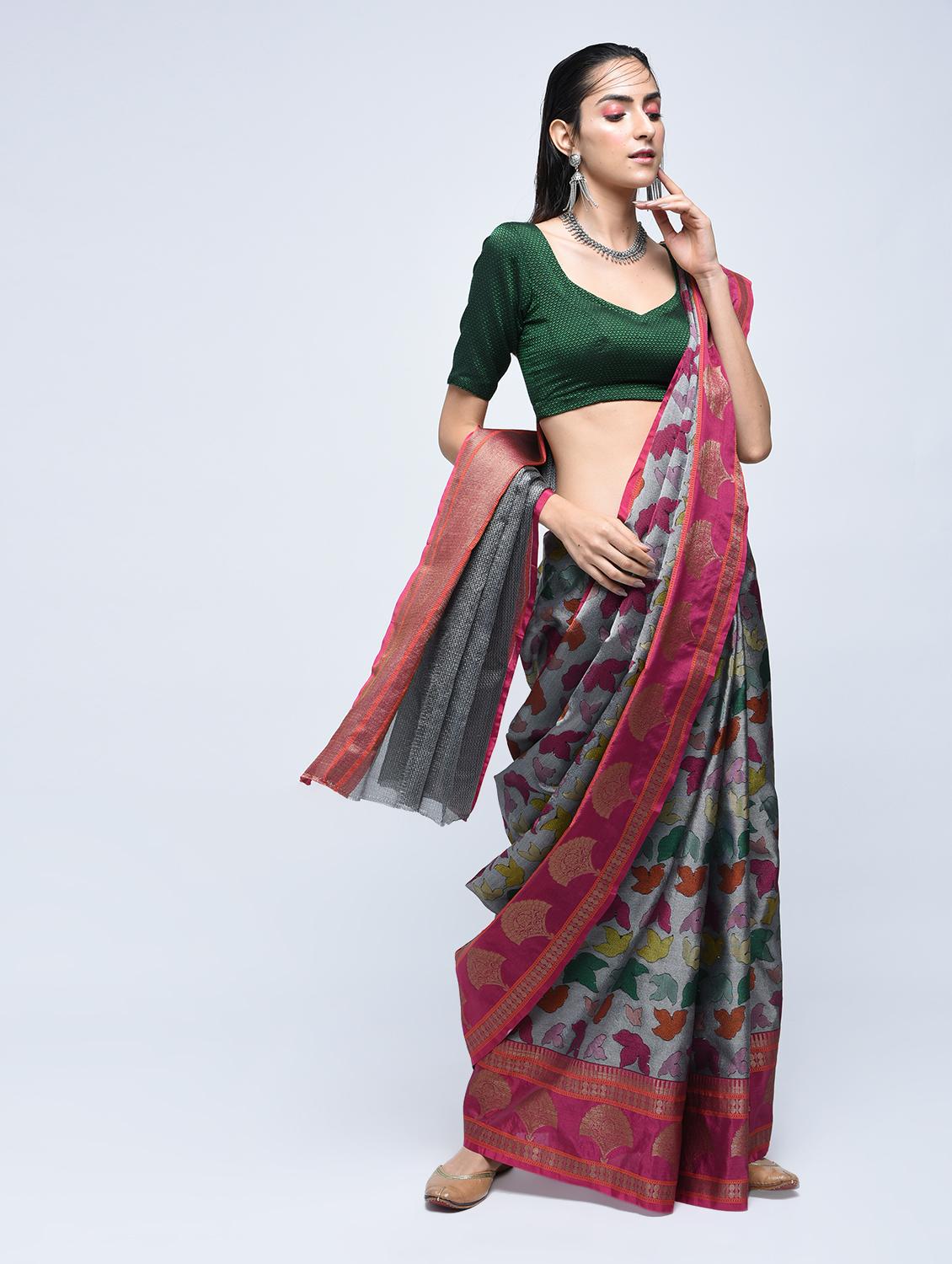 contrast zari border woven saree with blouse - 15622885 - Zoom Image - 1