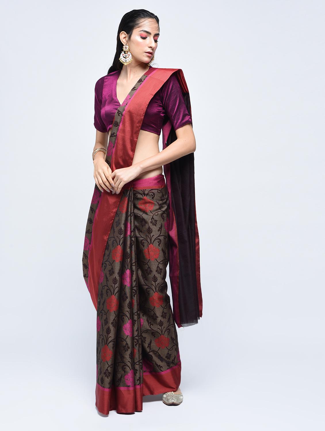 floral motif woven saree with blouse - 15622890 - Zoom Image - 1